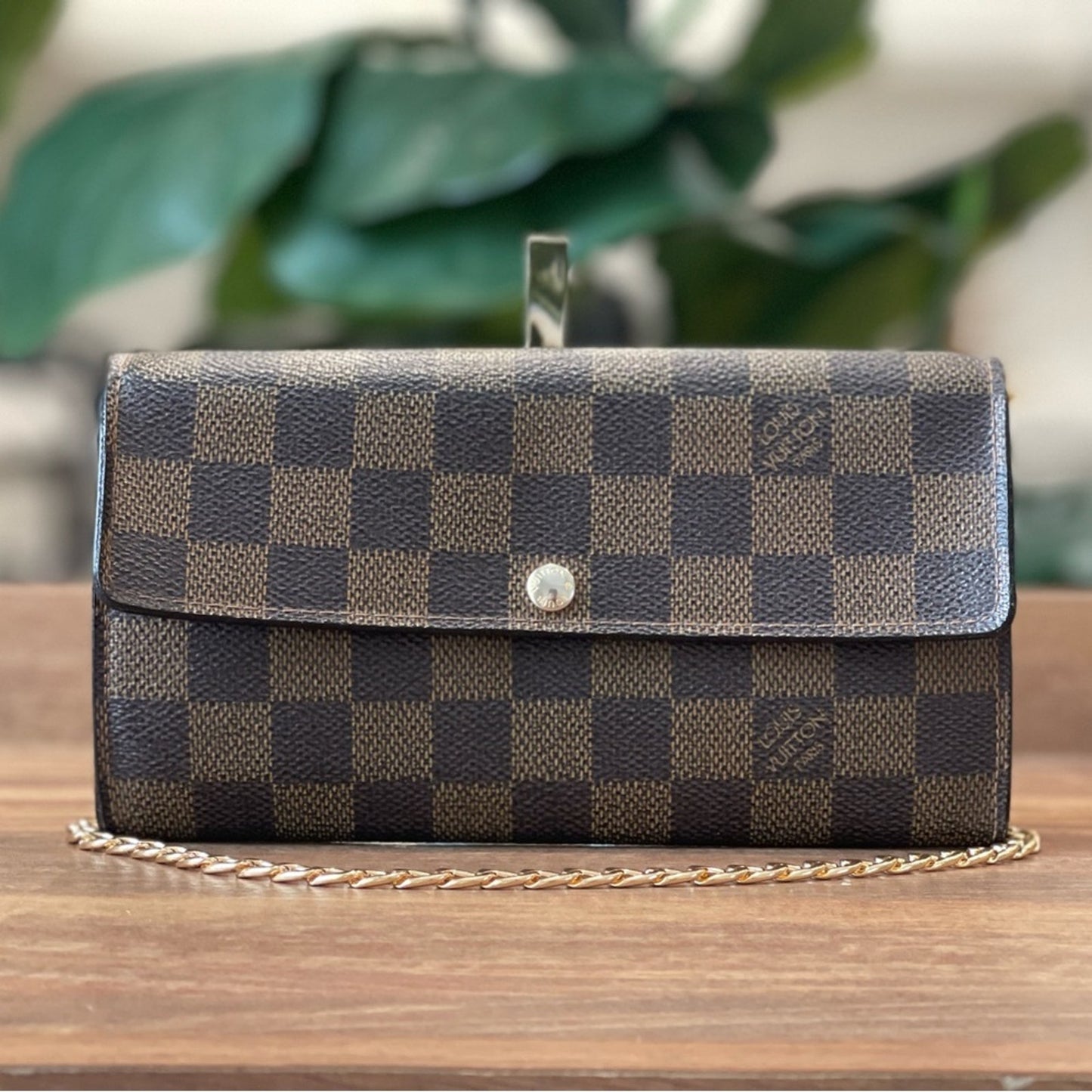Authentic Louis Vuitton Damier Ebene Brown Sarah Wallet on Chain