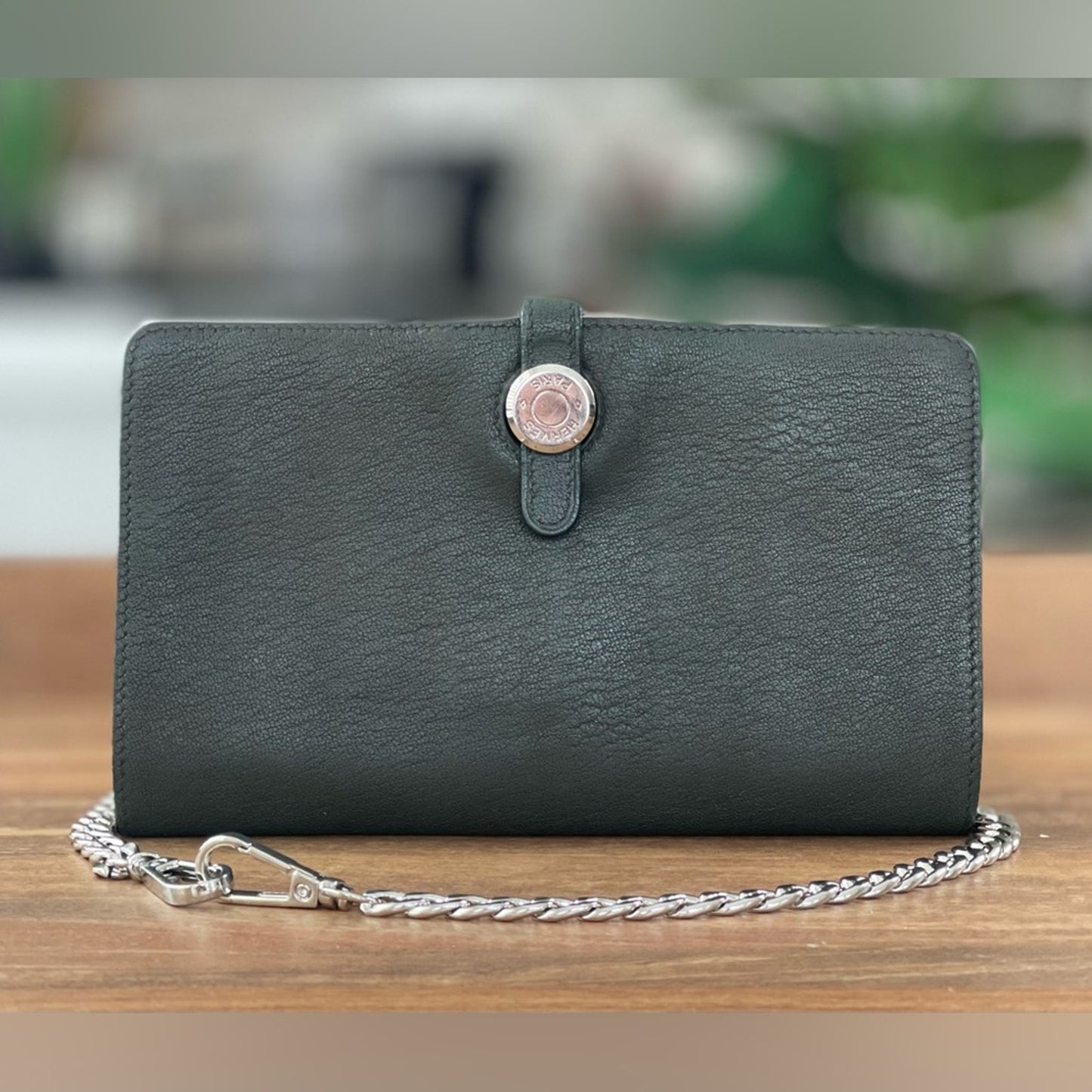 Authentic Hermes Dogon Forest Green Wallet with chain