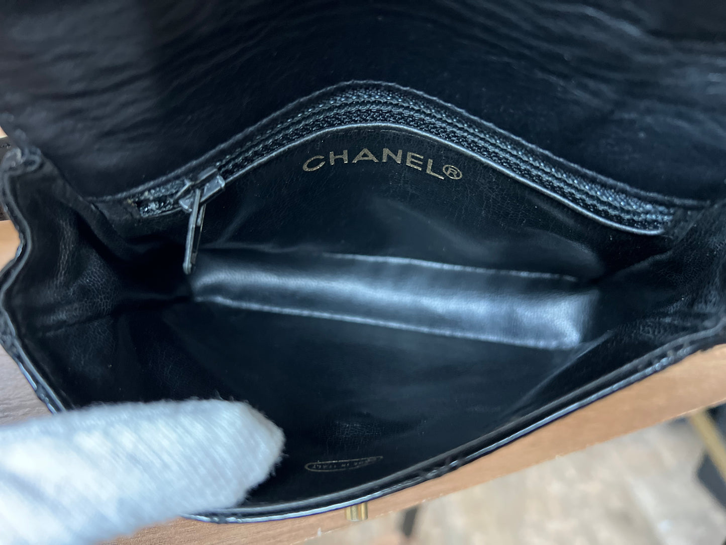 Chanel black patent leather matelasse turnlock belt bag