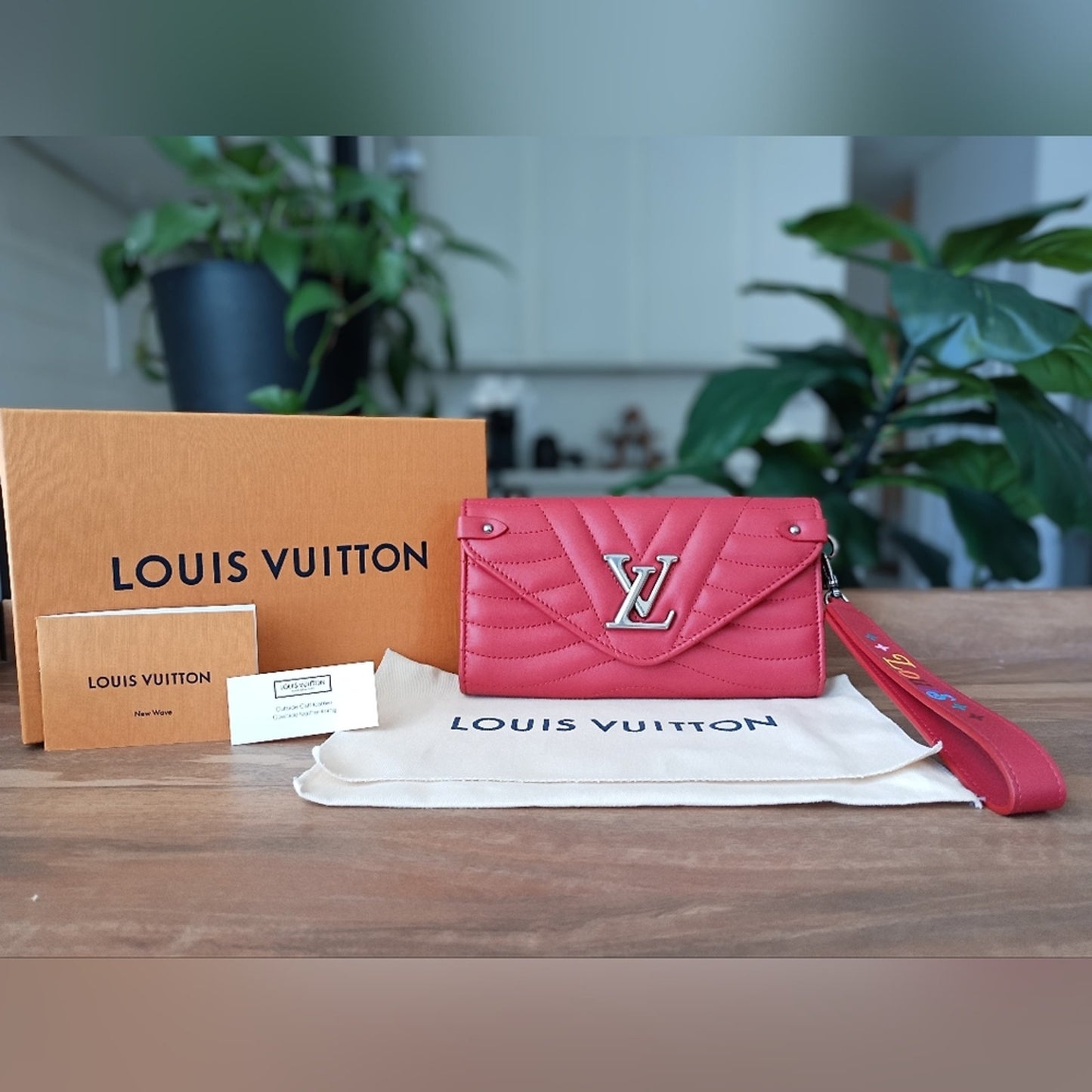 Authentic Louis Vuitton Red Calfskin New Wave Long Wallet Rouge