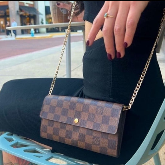 Authentic Louis Vuitton Damier Ebene Brown Sarah Wallet on Chain