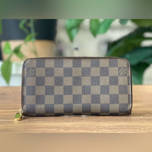 Authentic Louis Vuitton Damier Ebene Zip Around Long Wallet