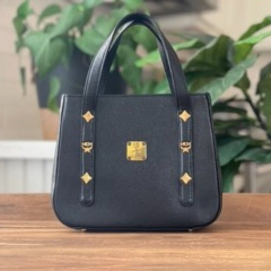 Authentic MCM Black Leather stud Embellished Top Handle tote Bag