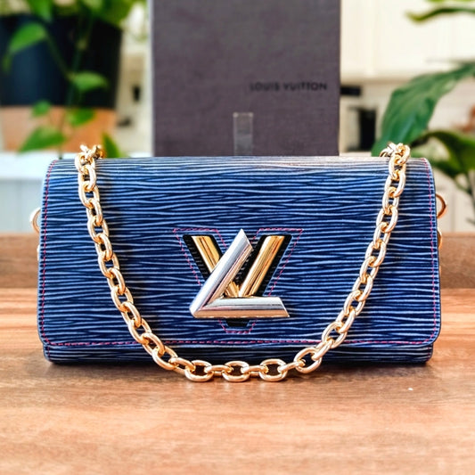 Authentic Louis Vuitton Denim Epi Portefuille Twist Lock Wallet on Chain