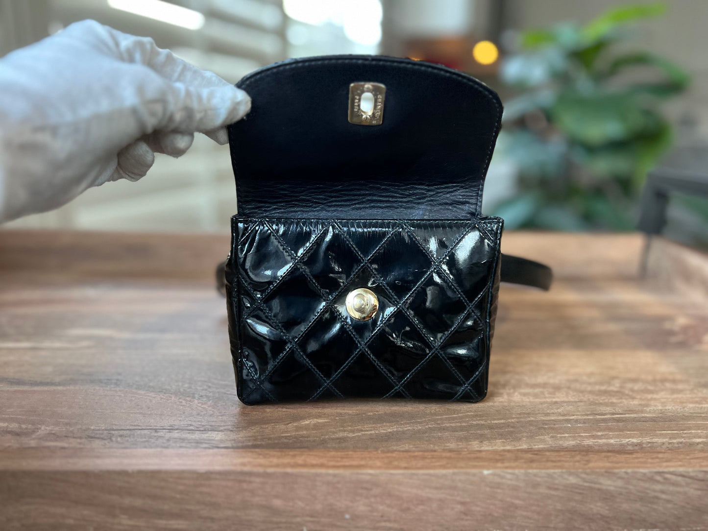 Chanel black patent leather matelasse turnlock belt bag