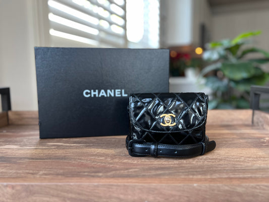 Chanel black patent leather matelasse turnlock belt bag