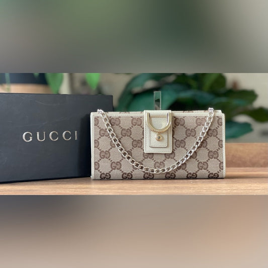 Authentic Gucci GG Monogram Abbey Continental Trifold Wallet on Chain