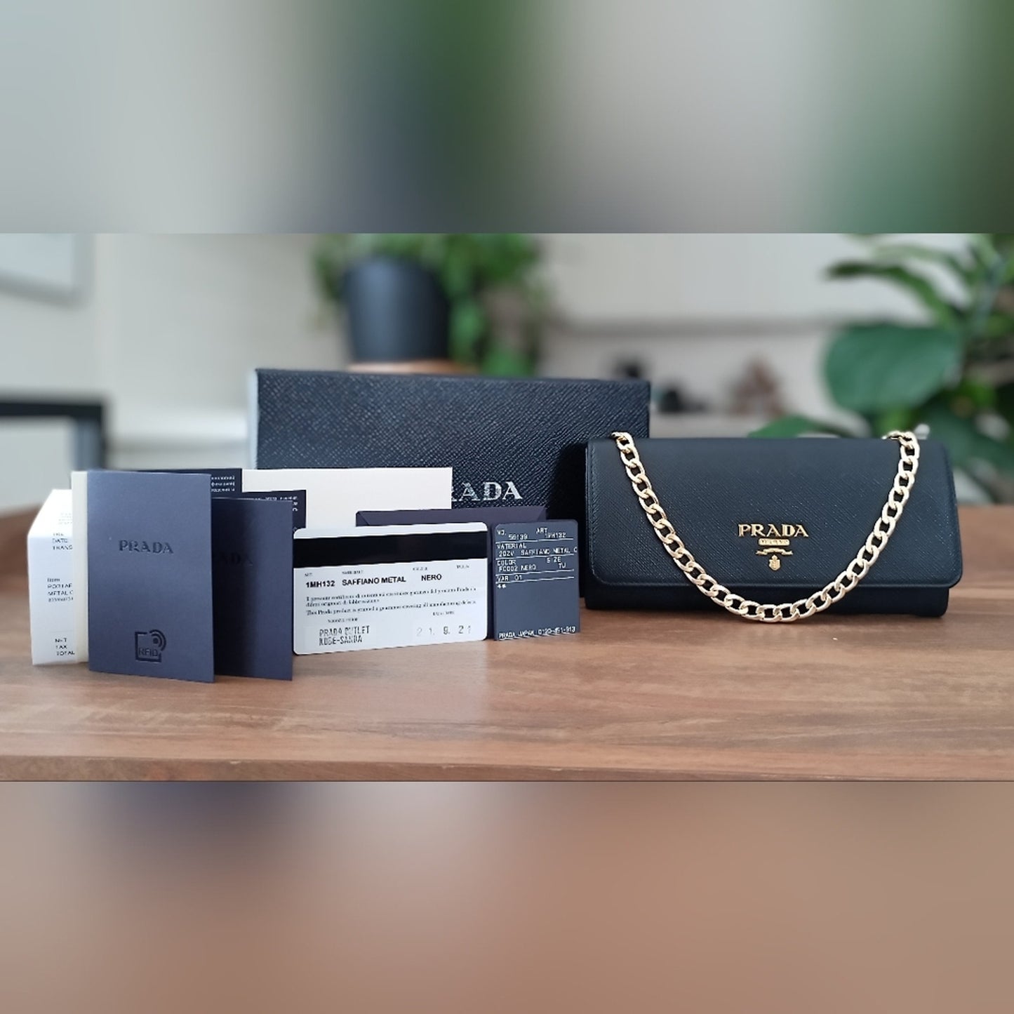 Authentic Prada Black Saffiano Continental Wallet on Chain