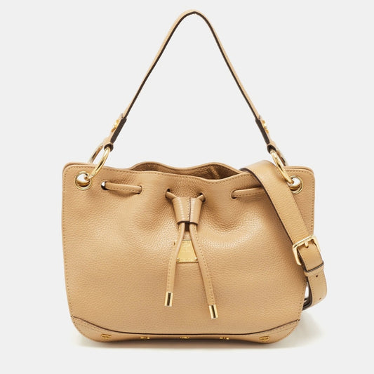 Authentic MCM beige leather 2 way drawstring satchel bag